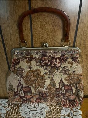 Vintage Embroidered Beige & Brown Tapestry Handbag